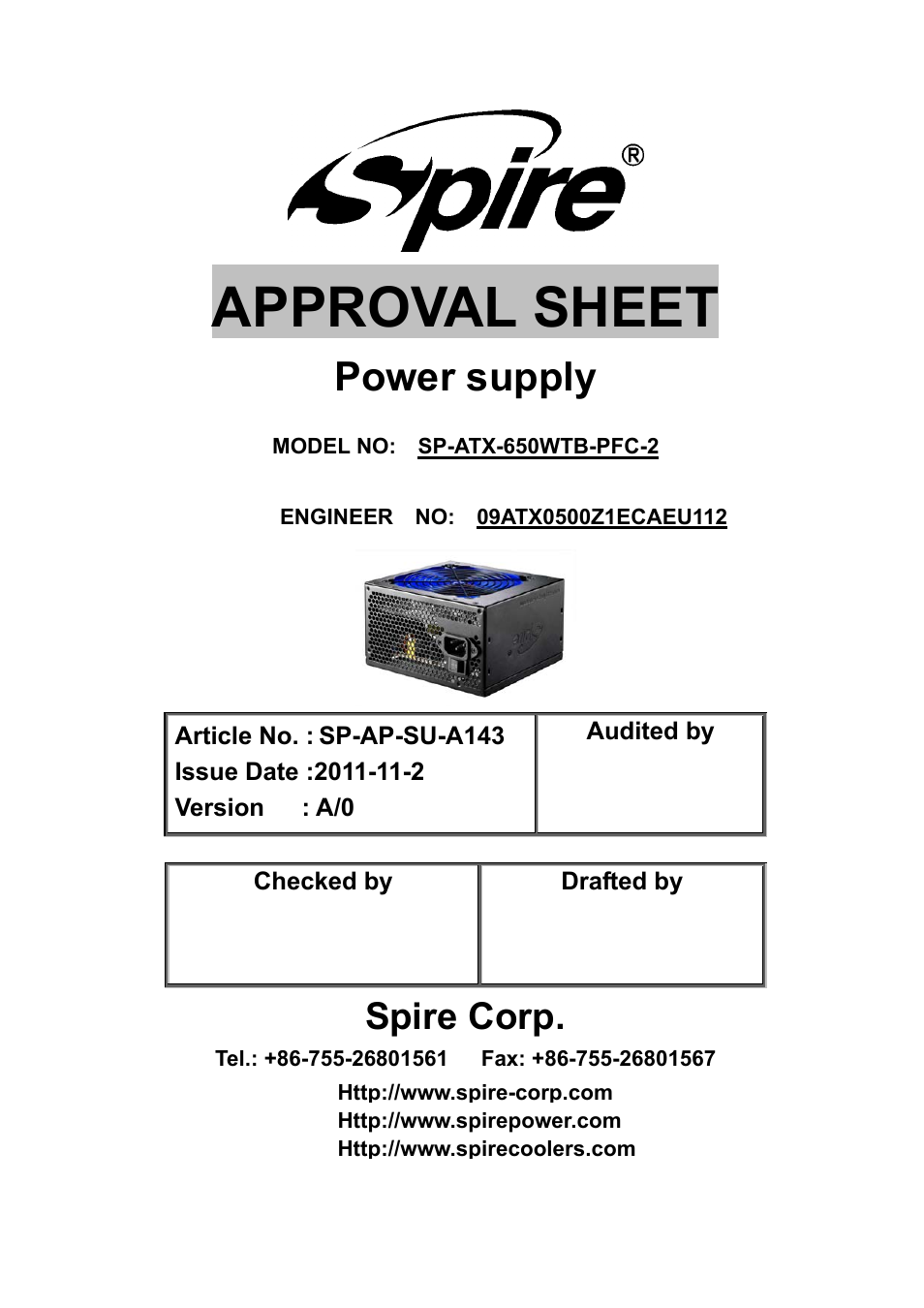Spire BLACKEAGLE 650W / SP-ATX-650WTB-PFC-2 User Manual | 19 pages