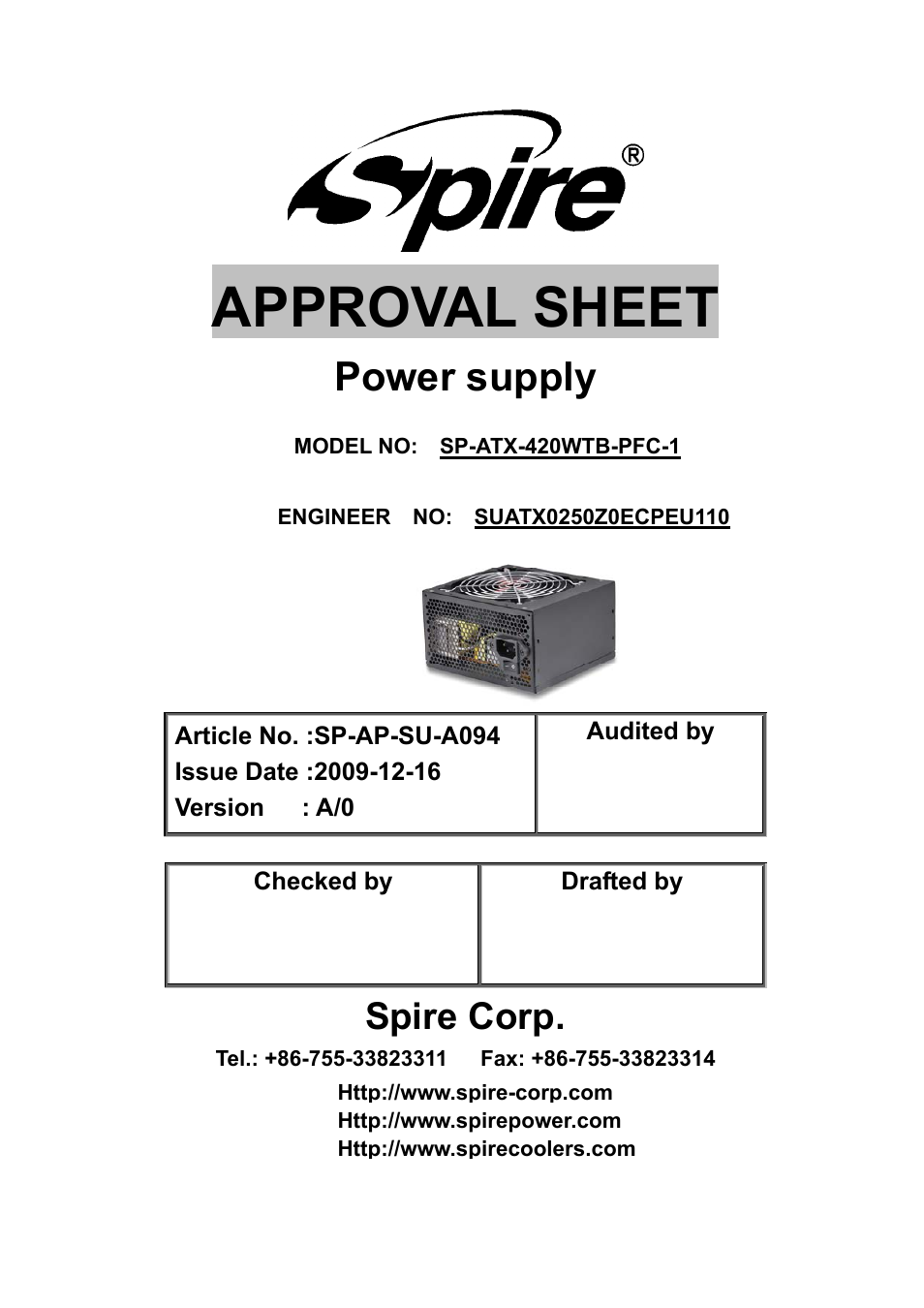 Spire JEWEL BLACK 420W / SP-ATX-420WTB-PFC-1 User Manual | 20 pages