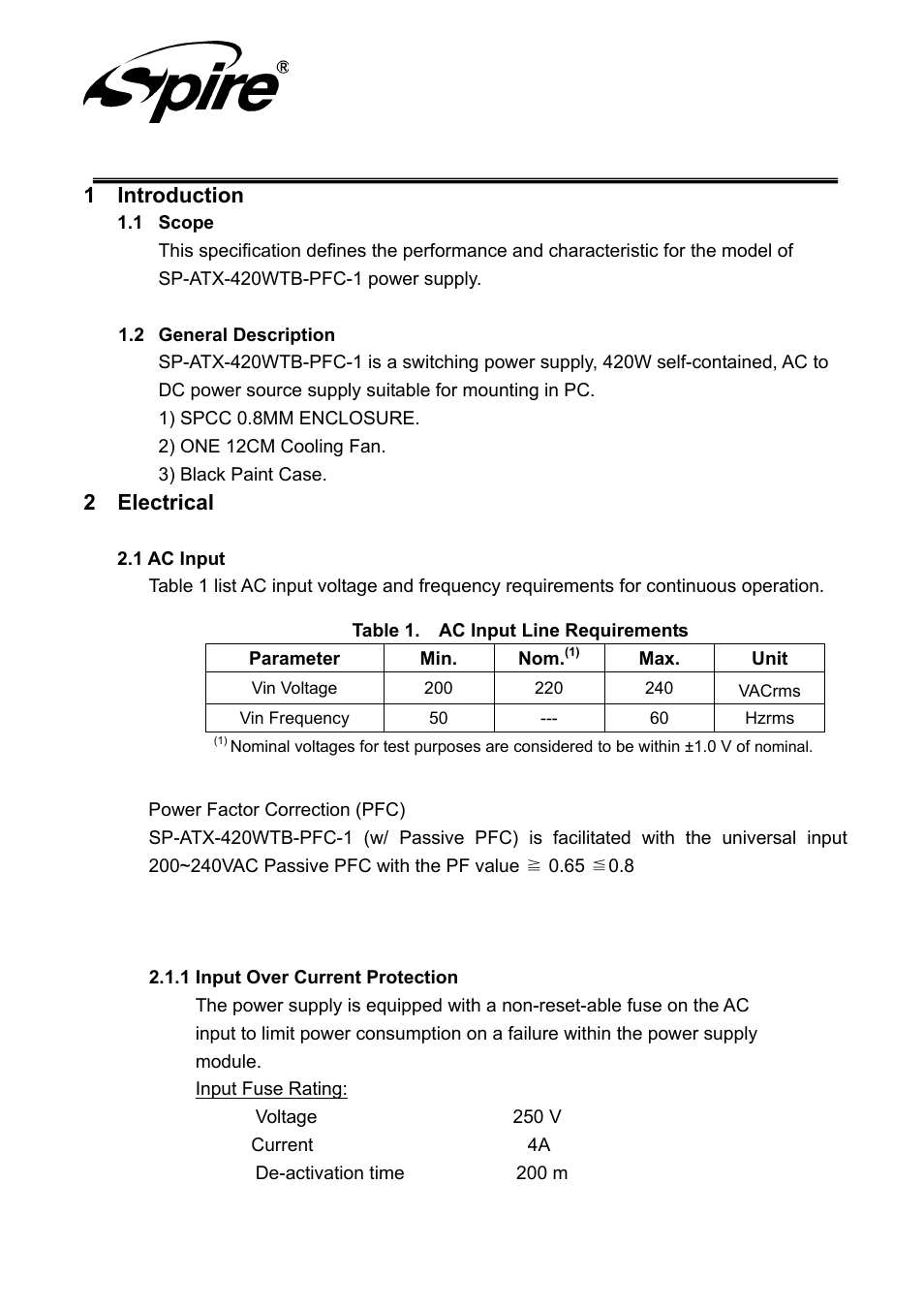 Spire corp, 1 introduction, 2 electrical | Spire JEWEL BLACK 420W / SP-ATX-420WTB-PFC-1 User Manual | Page 5 / 20