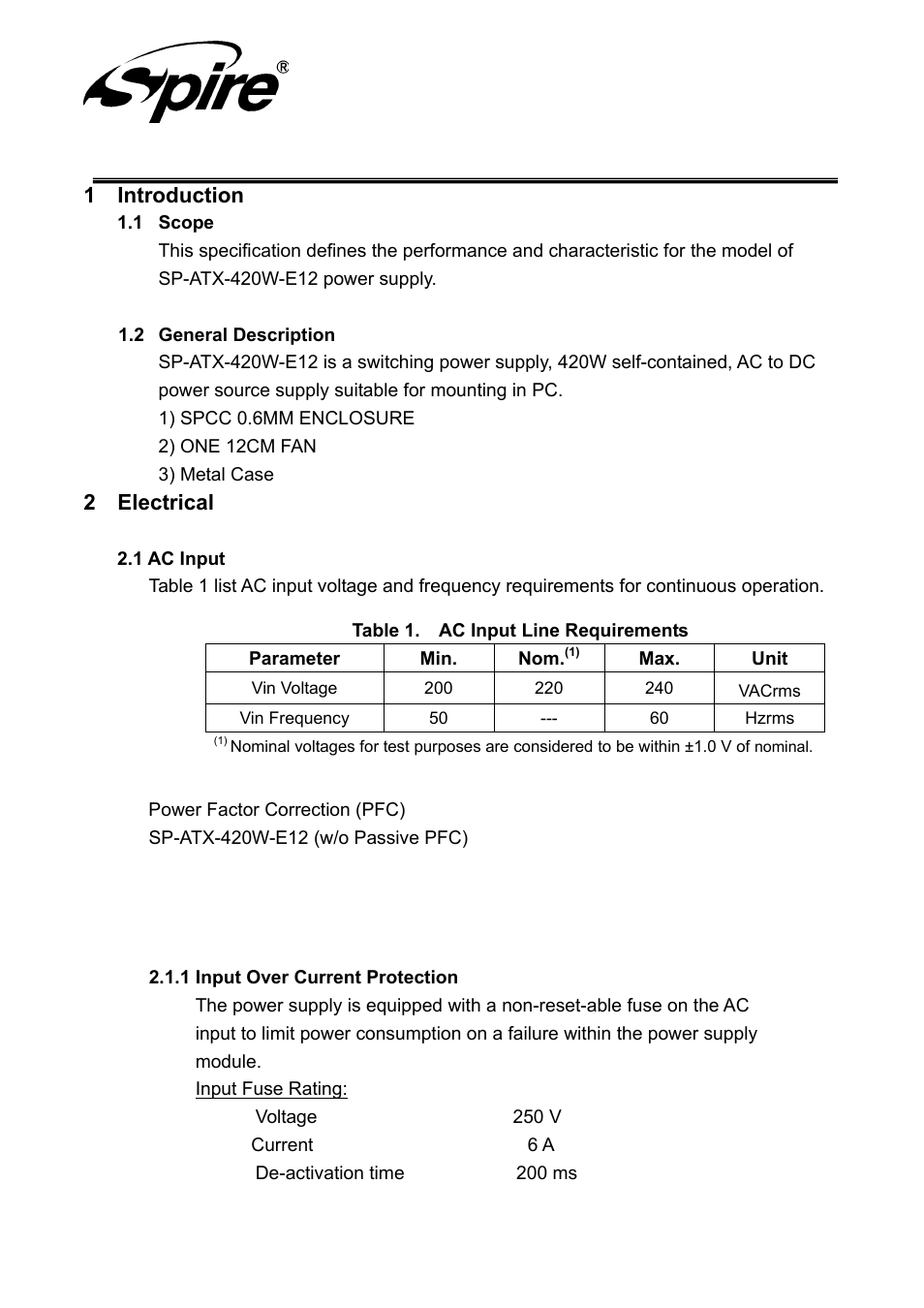 Spire corp, 1 introduction, 2 electrical | Spire SPECTRA 420W / SP-ATX-420W-E12 User Manual | Page 5 / 17