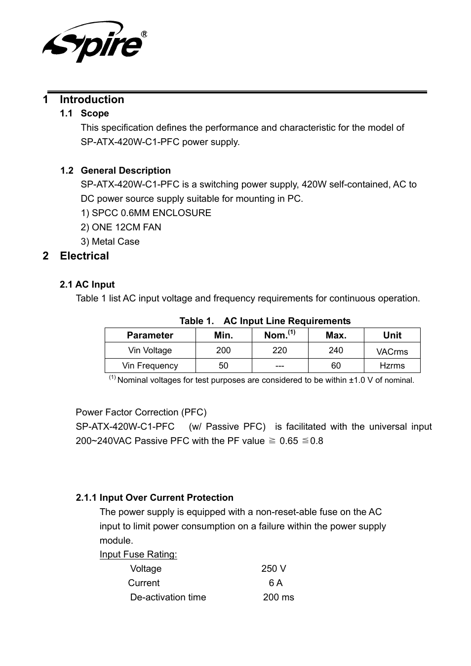 Spire corp, 1 introduction, 2 electrical | Spire JEWEL 420W / SP-ATX-420W-C1-PFC User Manual | Page 5 / 18