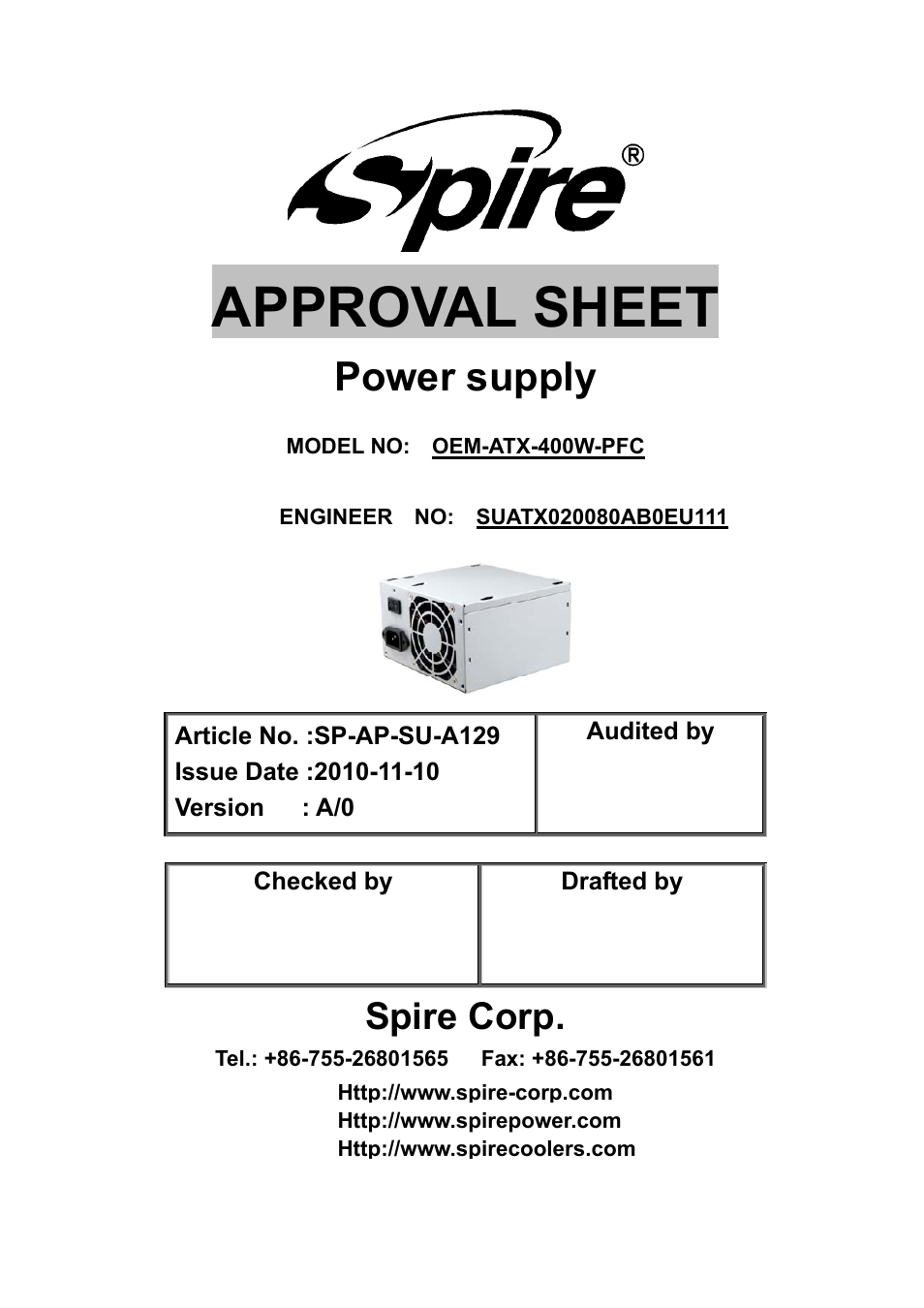 Spire OEM 400W / OEM-ATX-400W-PFC User Manual | 18 pages