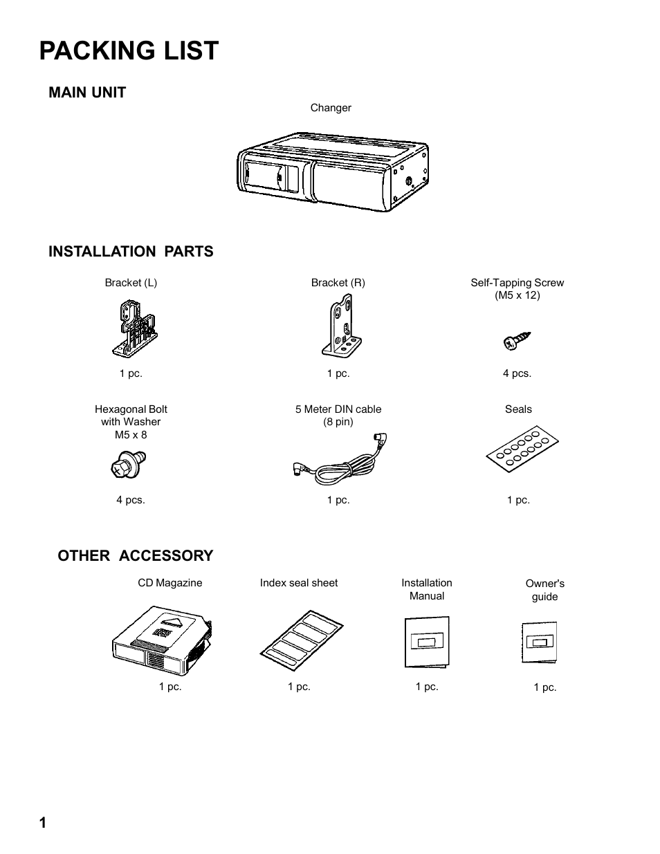 Packing list, Main unit, Installation parts | Other accessory 1 | Audiovox SP-6CD User Manual | Page 2 / 7