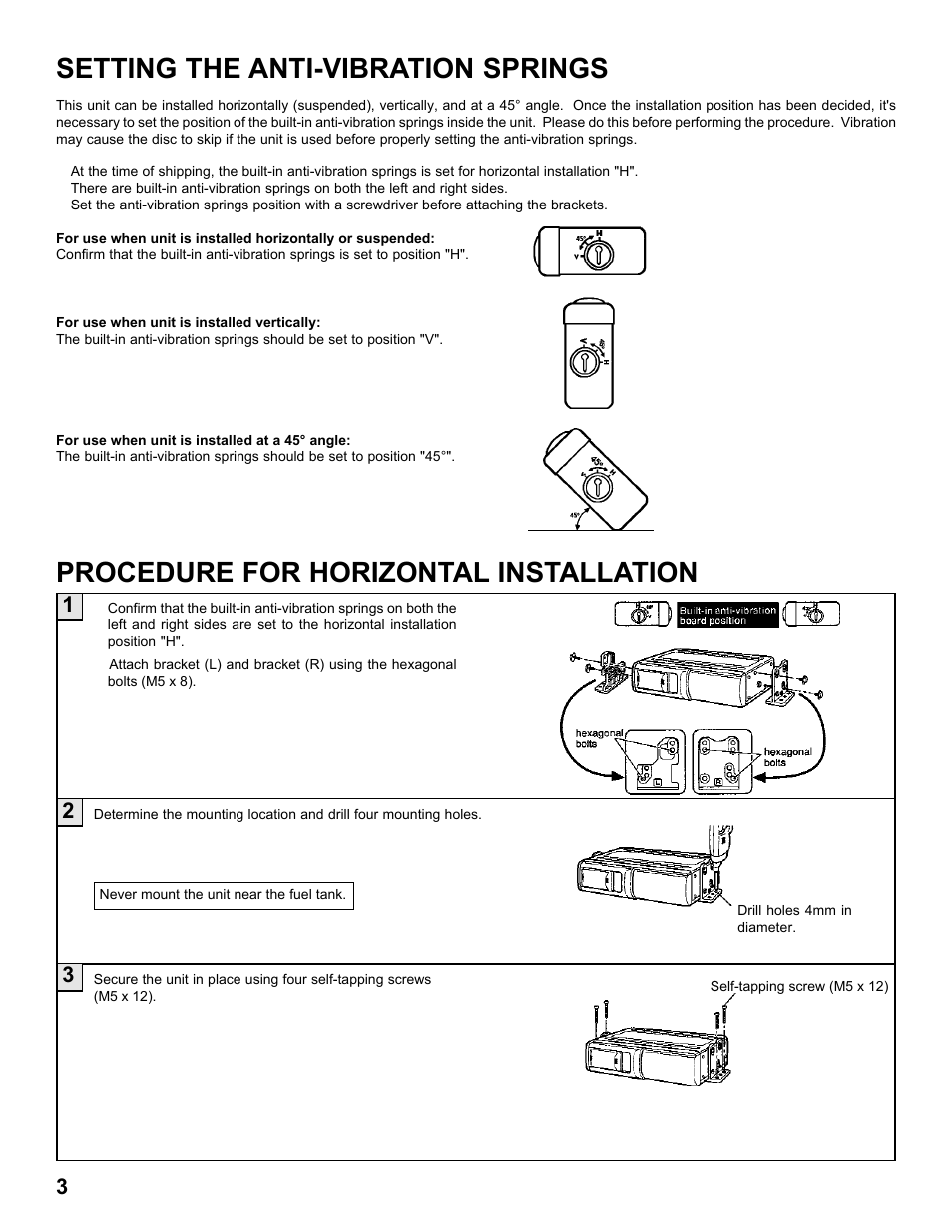 Setting the anti-vibration springs, Procedure for horizontal installation | Audiovox SP-6CD User Manual | Page 4 / 7