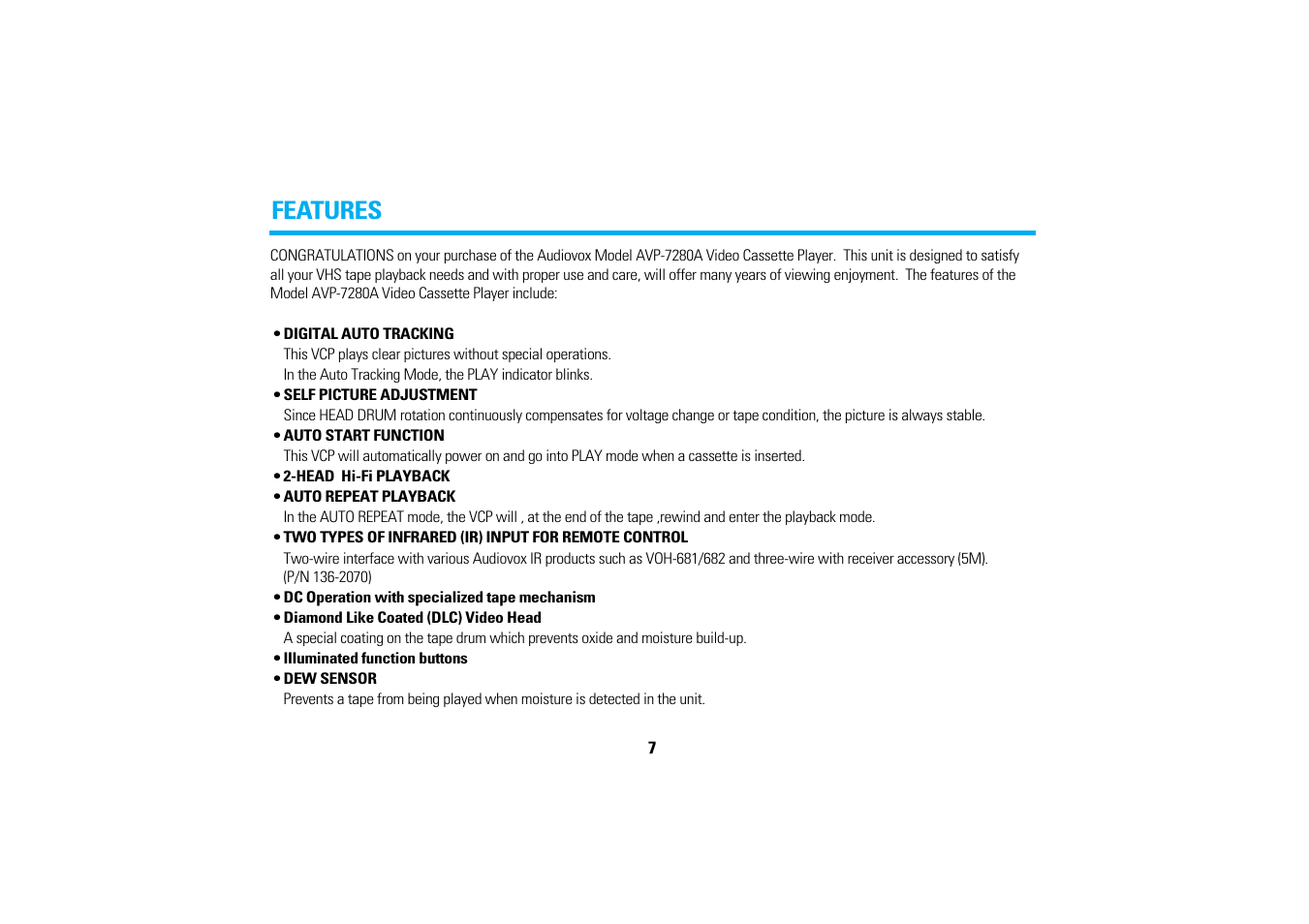 Features | Audiovox AVP-7280A User Manual | Page 10 / 30