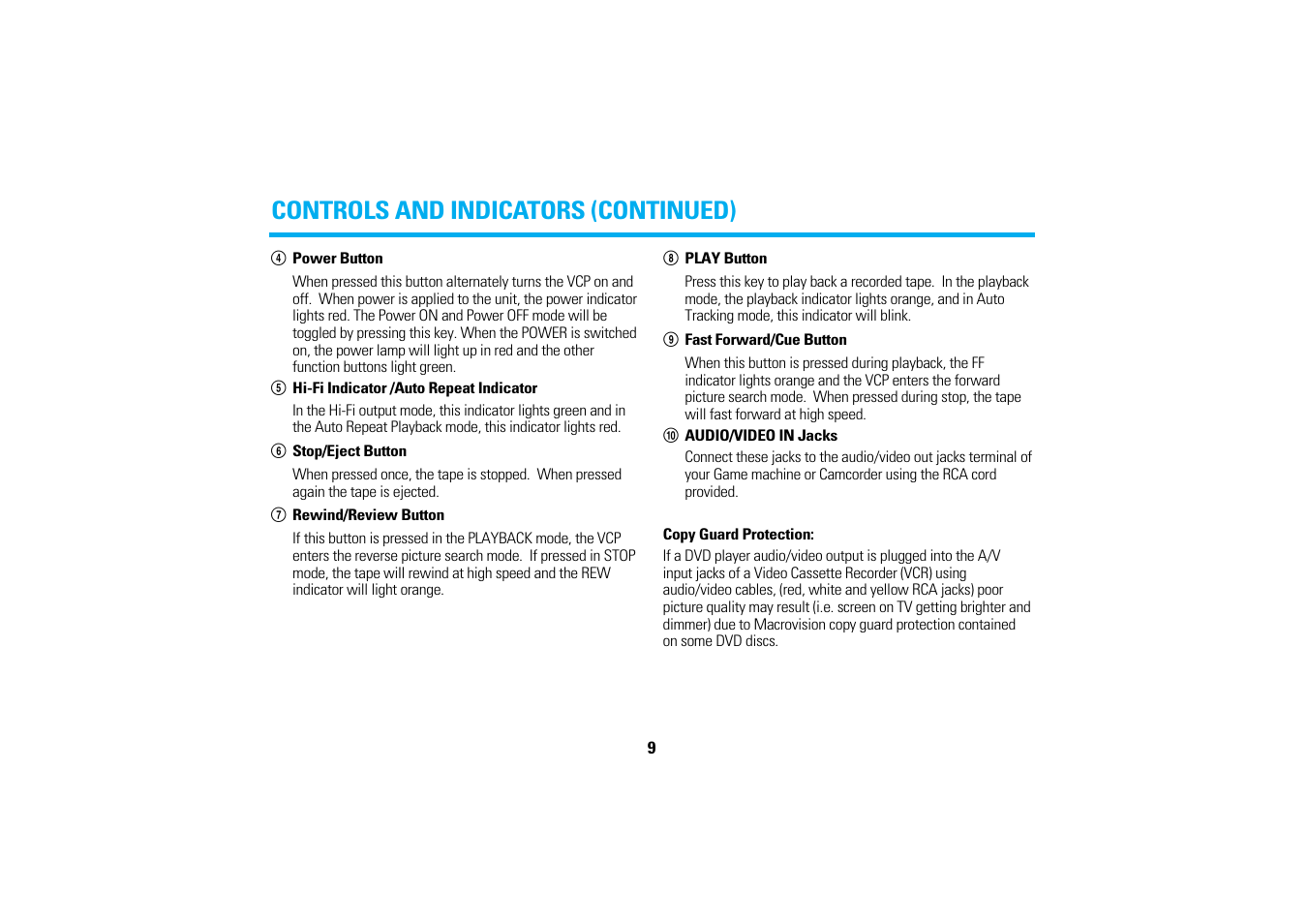 Controls and indicators (continued) | Audiovox AVP-7280A User Manual | Page 12 / 30