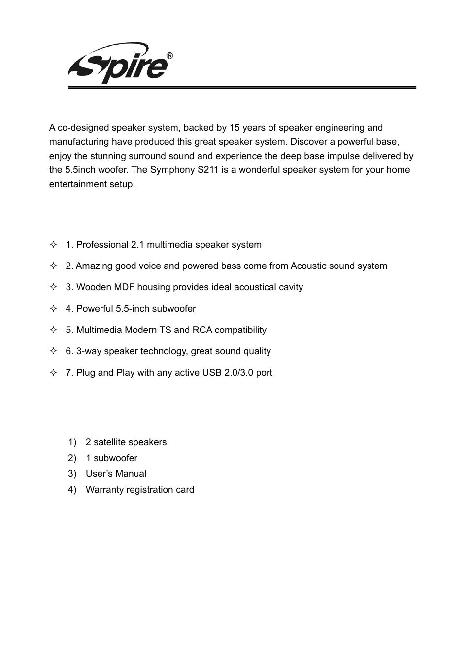 Spire corp, 1 description, 2 features | 3 product includes | Spire SYMPHONY S211 / SP-S211 User Manual | Page 4 / 7