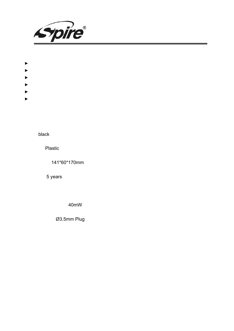 Spire corp, 1 features, 2 specification | Spire CONTA / SP-HS6501 User Manual | Page 4 / 6