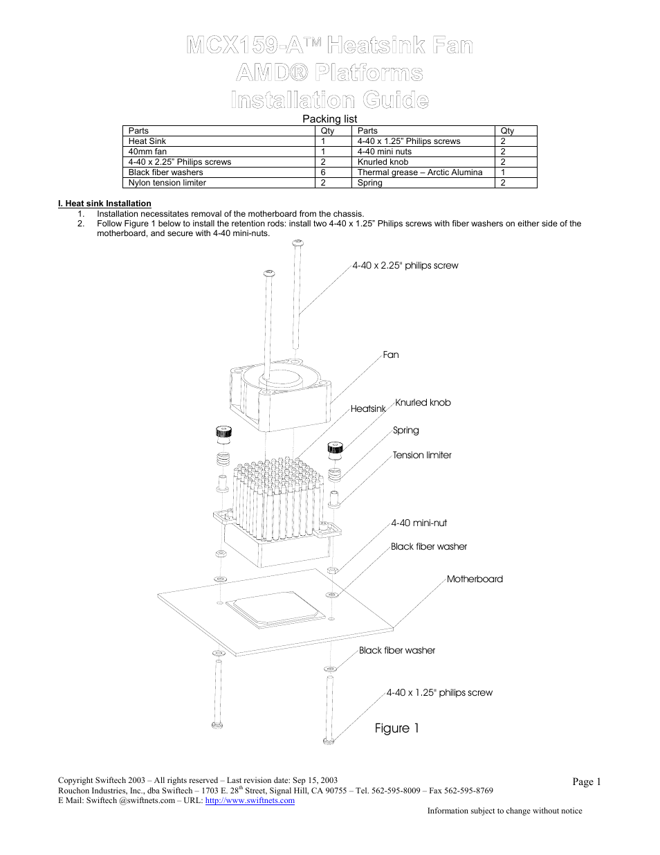 Swiftech MCX159 User Manual | 2 pages