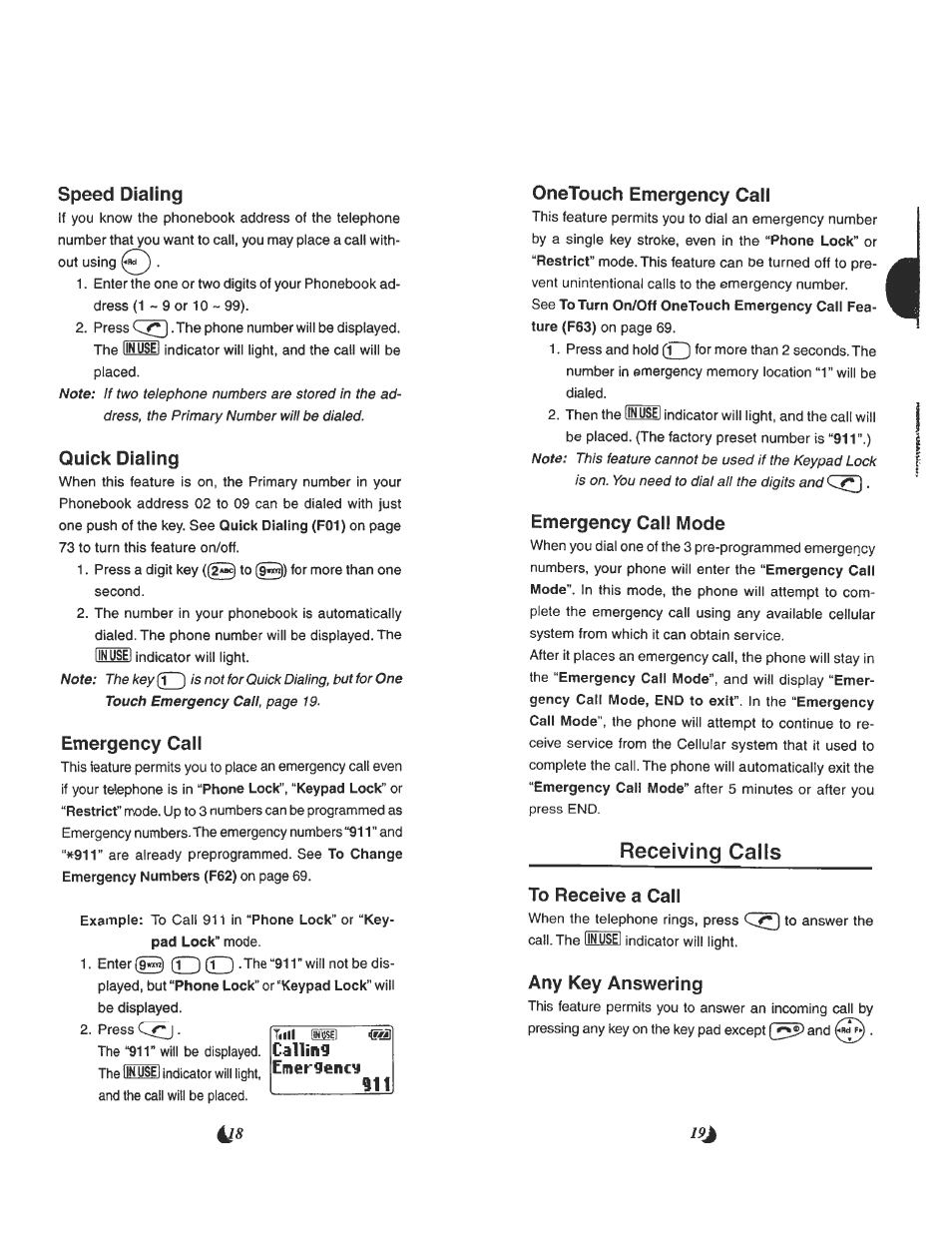 Speed dialing, Quick dialing, Emergency call | Onetouch emergency call, Emergency call mode, Receiving calls, To receive a call, Any key answering, 8 19j | Audiovox CDM 4500 User Manual | Page 10 / 42