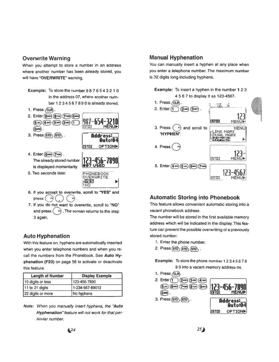 Overwrite warning, Manual hyphenation, 907“654"32io | Tarm henu, 456-7b*10, Auto hyphenation, Automatic storing into phonebook, Lid dress!— йи1а:04, Tsrm options, Oo o | Audiovox CDM 4500 User Manual | Page 13 / 42