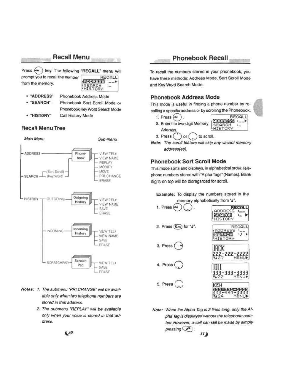 Recall menu, Recall menu tree, Phonebook recall | Phonebook address mode, Phonebook sort scroll mode, Jill, B33-333-3333 | Audiovox CDM 4500 User Manual | Page 16 / 42