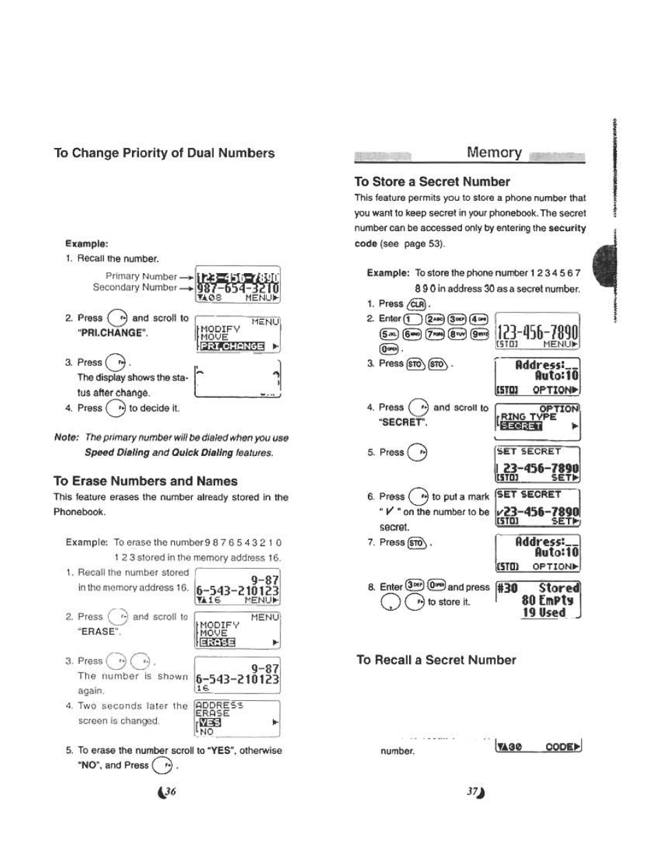 To change priority of dual numbers, Memory, To erase numbers and names | To store a secret number, 12]-i|m-789fl, Rddresf!.^ auto: 10, Ì0sahì, I 23-456-7090, Address, 130 stored 80 £mpt9 19 used j | Audiovox CDM 4500 User Manual | Page 19 / 42