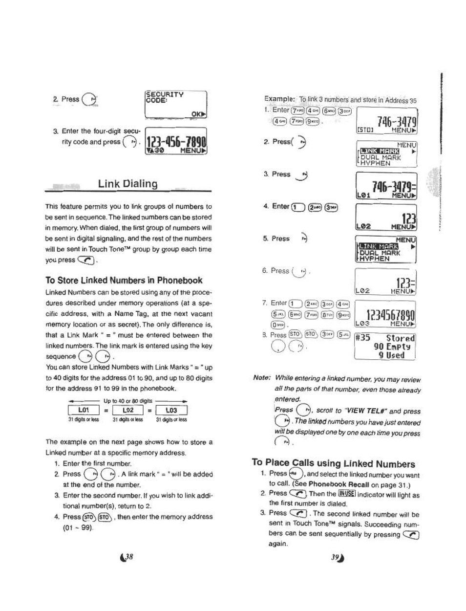 Link dialing, To store linked numbers in phonebook, Í 35 stored | №b90, Used i | Audiovox CDM 4500 User Manual | Page 20 / 42