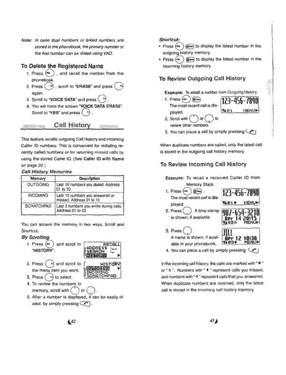 To delete the registered name, Call history, To review outgoing call history | To review incoming call history, Pm«0© tzhfííi, Fill, 45s-7mb, By serotfing, Í42 4нj, Fííi | Audiovox CDM 4500 User Manual | Page 22 / 42