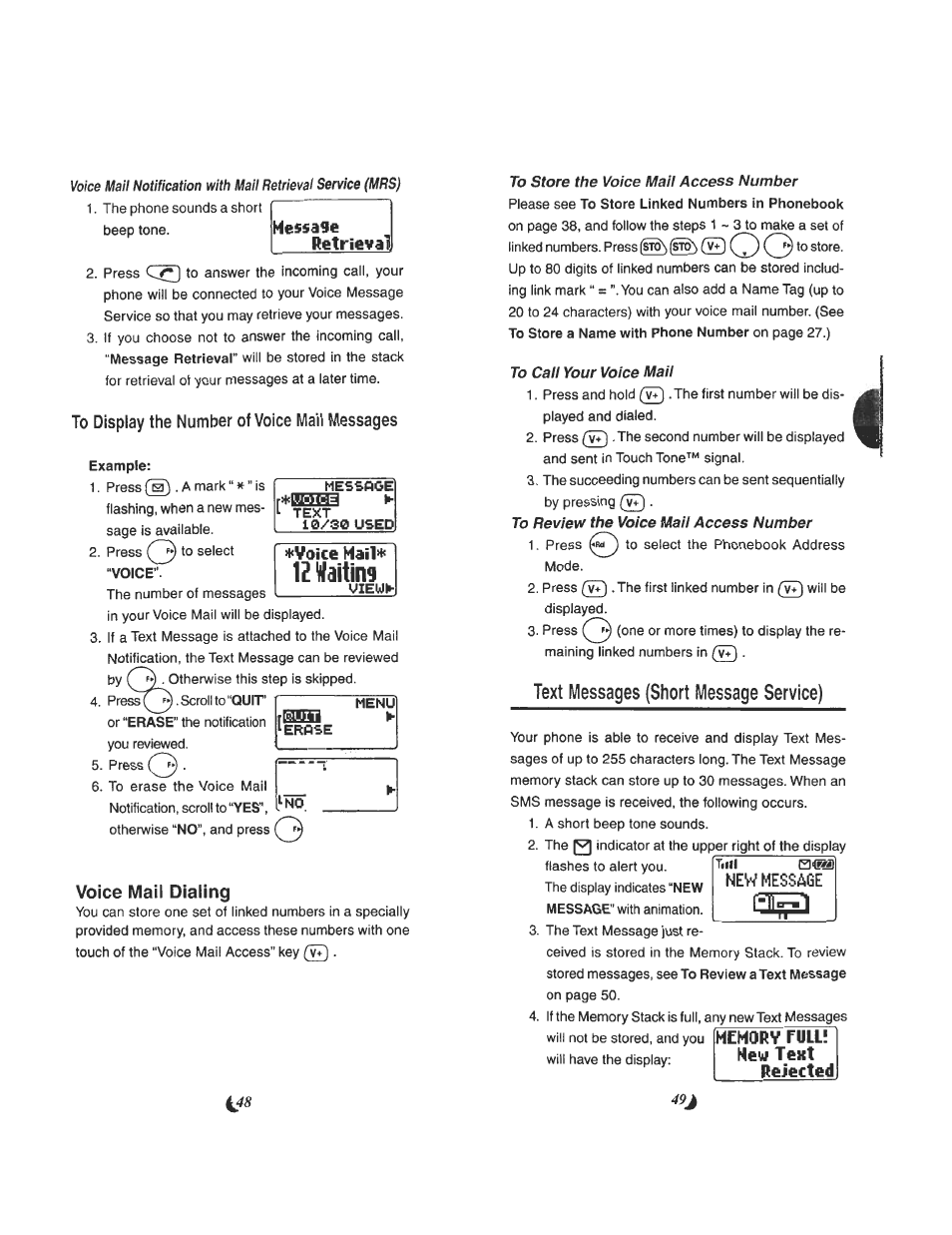 To display the number of voice mail messages, Voice mail dialing, Text messages (short message service) | Text measeges (short message servloe, Ys 49j | Audiovox CDM 4500 User Manual | Page 25 / 42