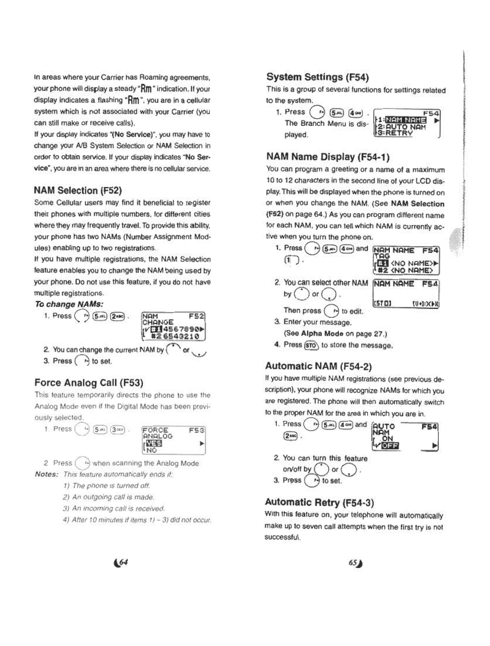 Nam selection (f52), 2ббаэ21а, Force analog call (f53) | System settings (f54), Nam name display (f54-1), Automatic nam (f54-2), Automatic retry (f54'3) | Audiovox CDM 4500 User Manual | Page 33 / 42