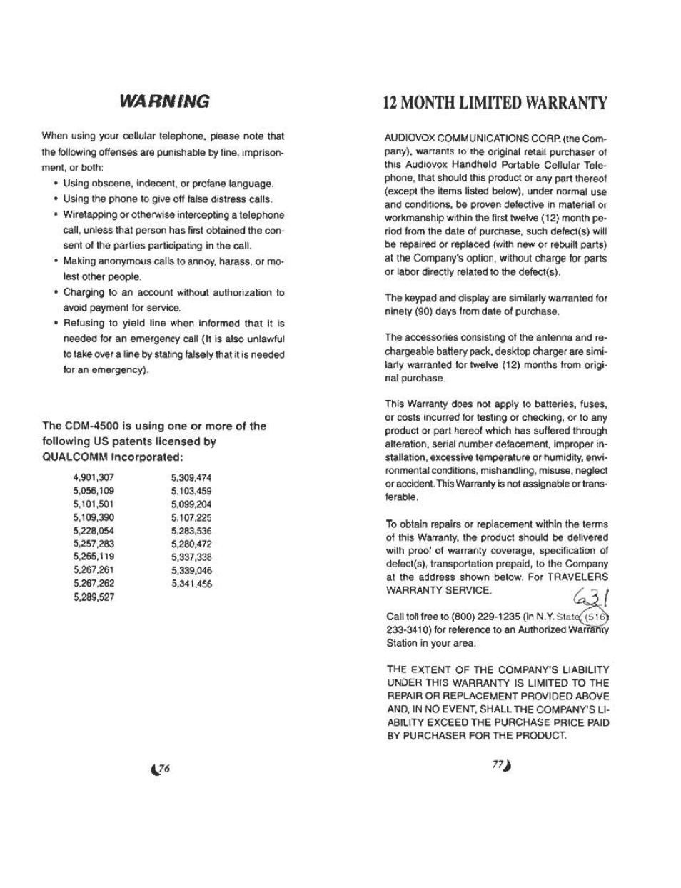 Warning, 12 month limited warranty | Audiovox CDM 4500 User Manual | Page 39 / 42