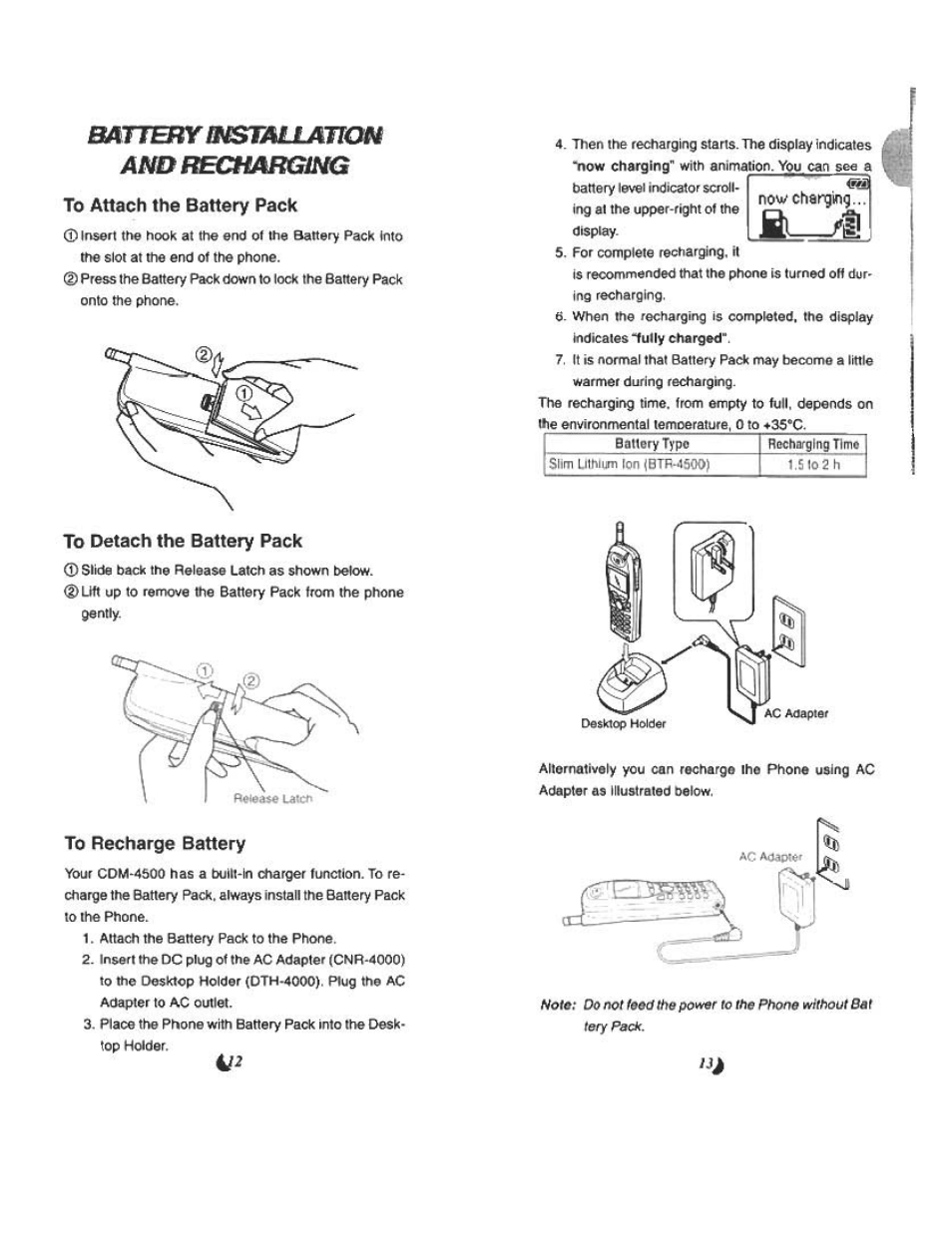 Battery msimumom ahd t^t^fjmguig, To attach the battery pack, To detach the battery pack | To recharge battery | Audiovox CDM 4500 User Manual | Page 7 / 42