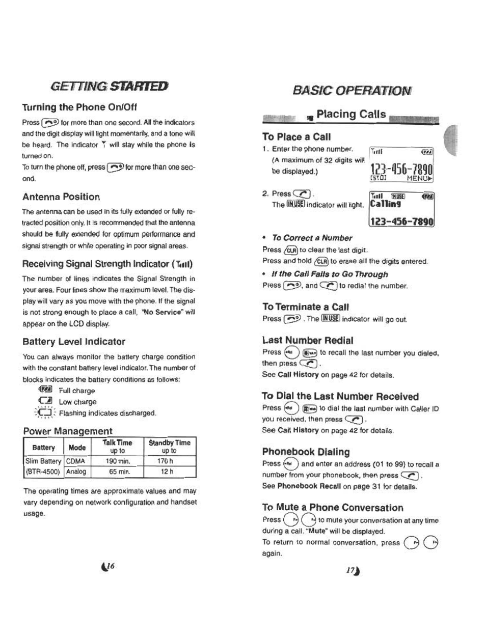 Gerring started, Turning the phone on/off, Antenna position | Receiving signal strength indicator (tjifl), Battery level indicator, Ower management, Basic opebaticm, Placing calls, To place b call, To terminate a calf | Audiovox CDM 4500 User Manual | Page 9 / 42
