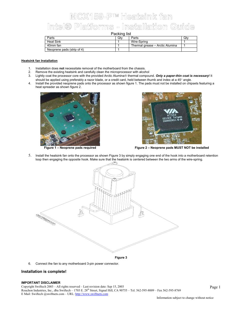 Swiftech MCX159 P User Manual | 2 pages