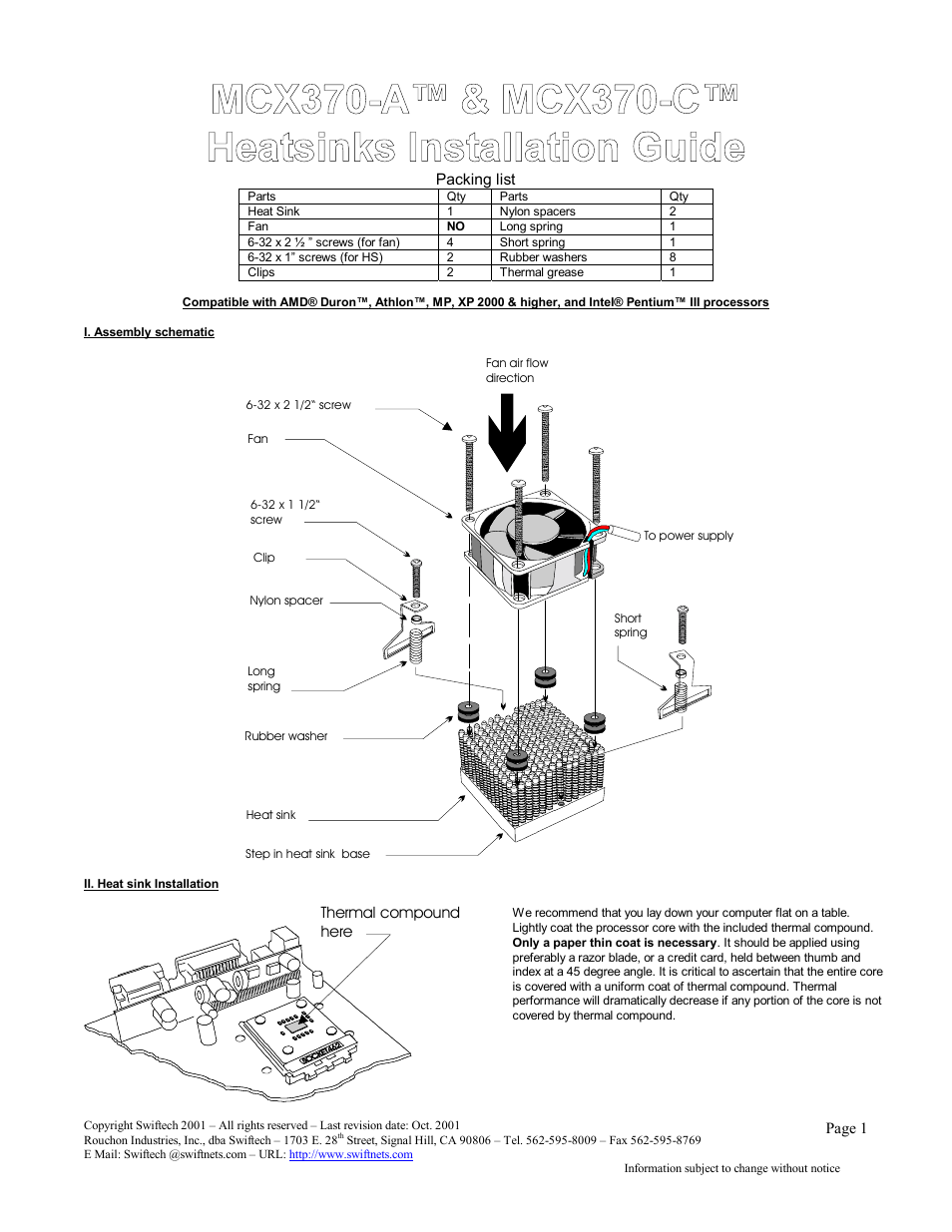 Swiftech MCX370 User Manual | 2 pages