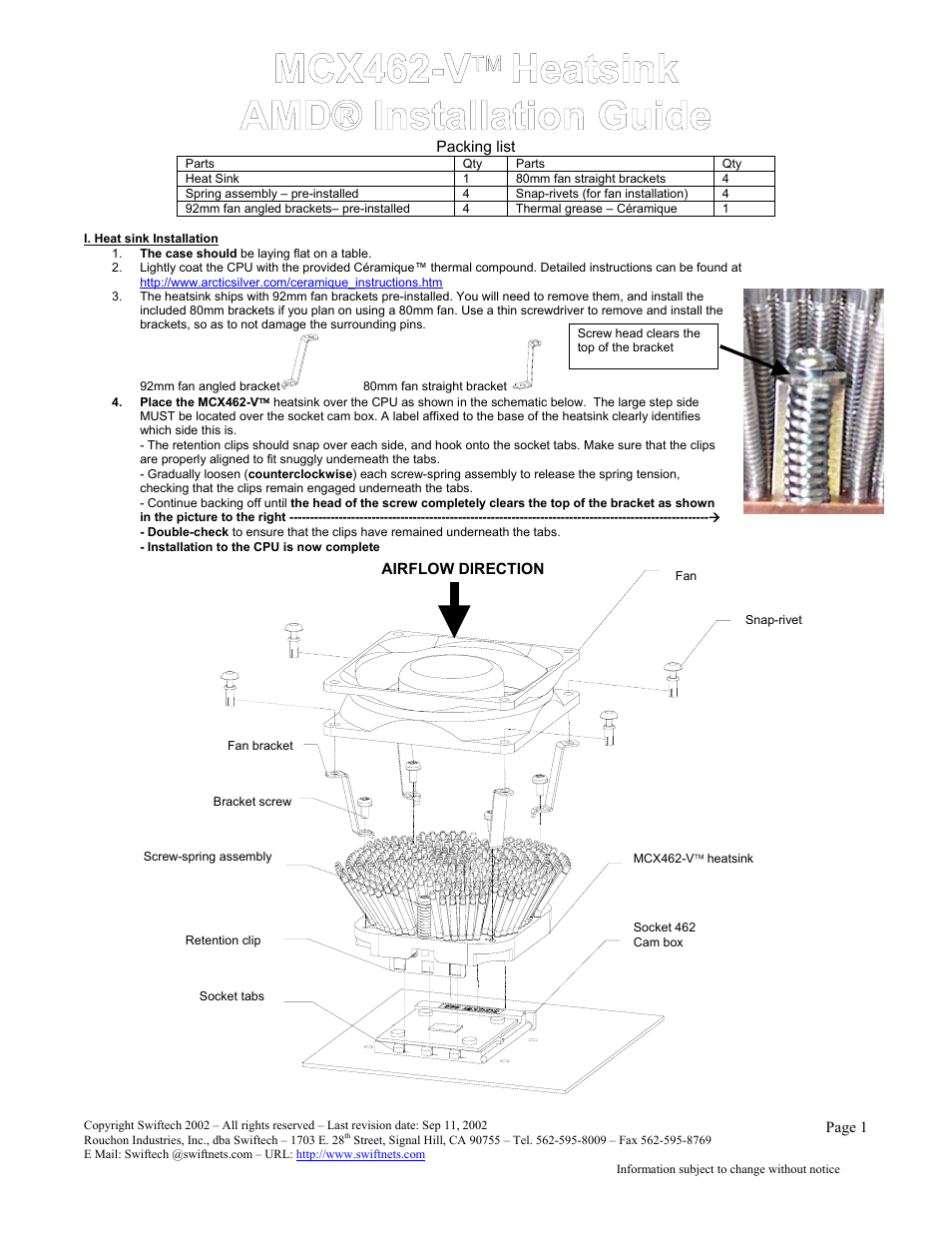 Swiftech MCX462 V User Manual | 2 pages