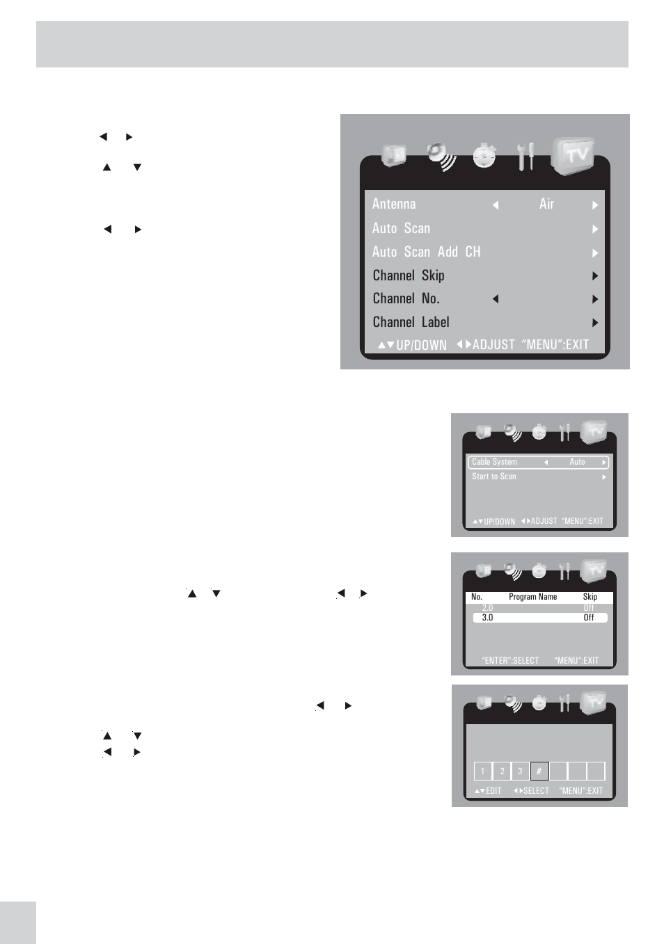 Tv setup, Antenna auto scan air, Tv channel setting | Audiovox PVS21090 User Manual | Page 16 / 24