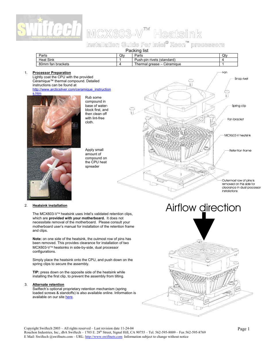 Swiftech MCX603 V 1-10-04 User Manual | 3 pages