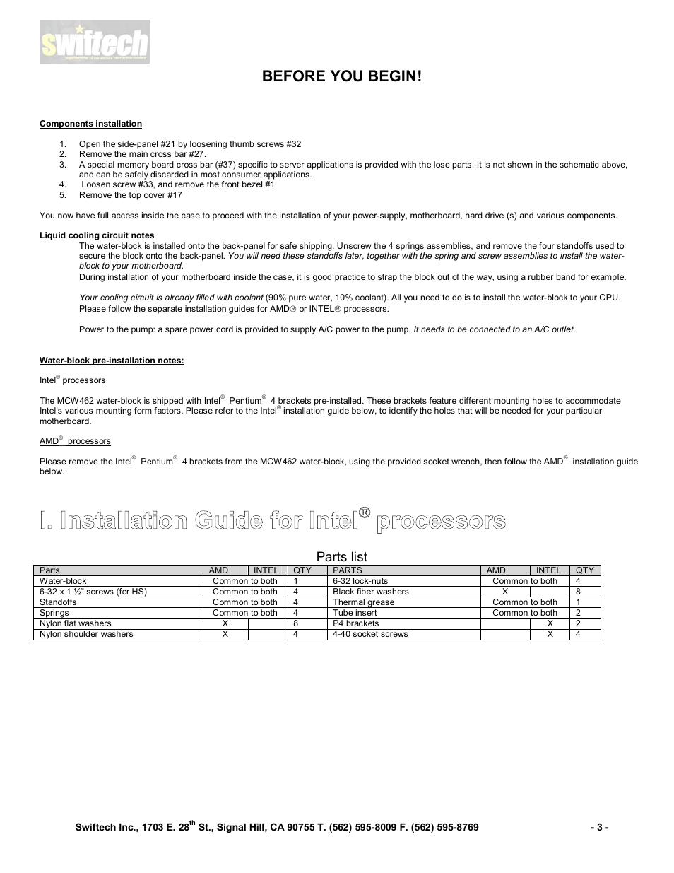 Before you begin, Parts list | Swiftech QPOWER User Manual | Page 3 / 12