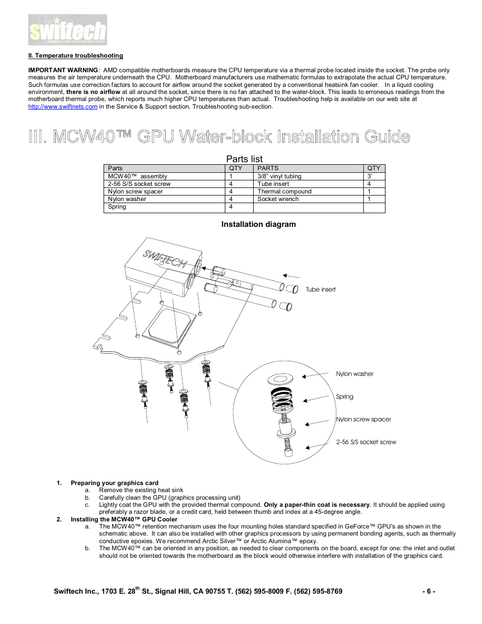 Parts list | Swiftech QPOWER User Manual | Page 6 / 12