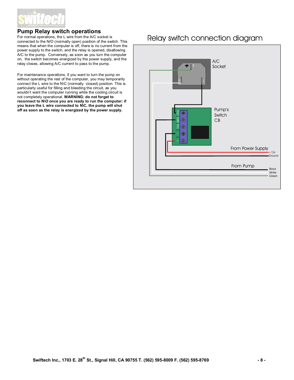 Relay switch connection diagram, Pump relay switch operations | Swiftech QPOWER User Manual | Page 8 / 12