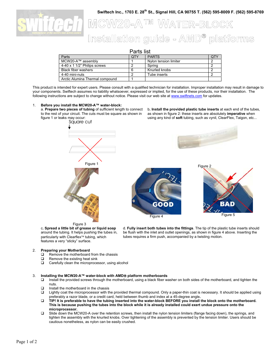 Swiftech MCW20 A User Manual | 2 pages