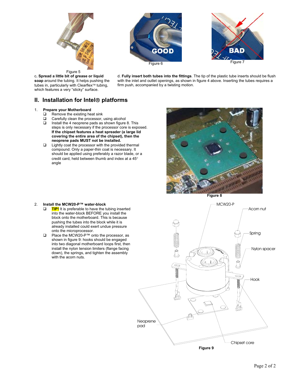 Remove the existing heat sink, Carefully clean the processor, using alcohol, Ii. installation for intel  platforms | Swiftech MCW20 R User Manual | Page 2 / 4