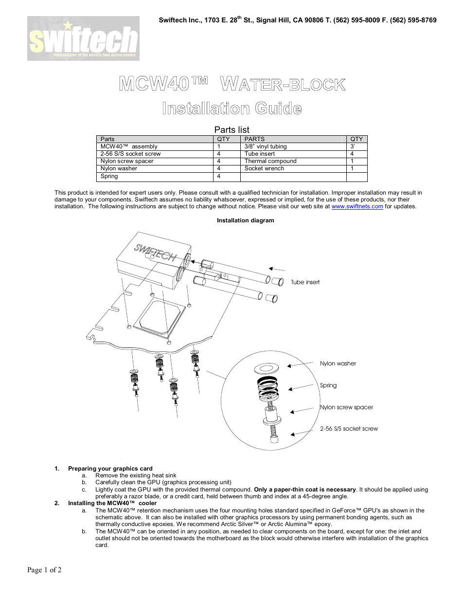 Swiftech MCW40 User Manual | 2 pages