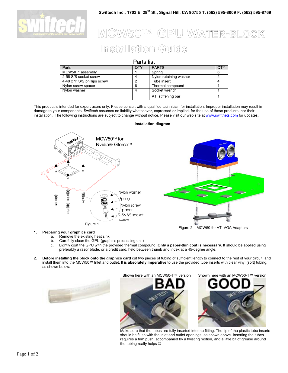 Swiftech MCW50 User Manual | 2 pages