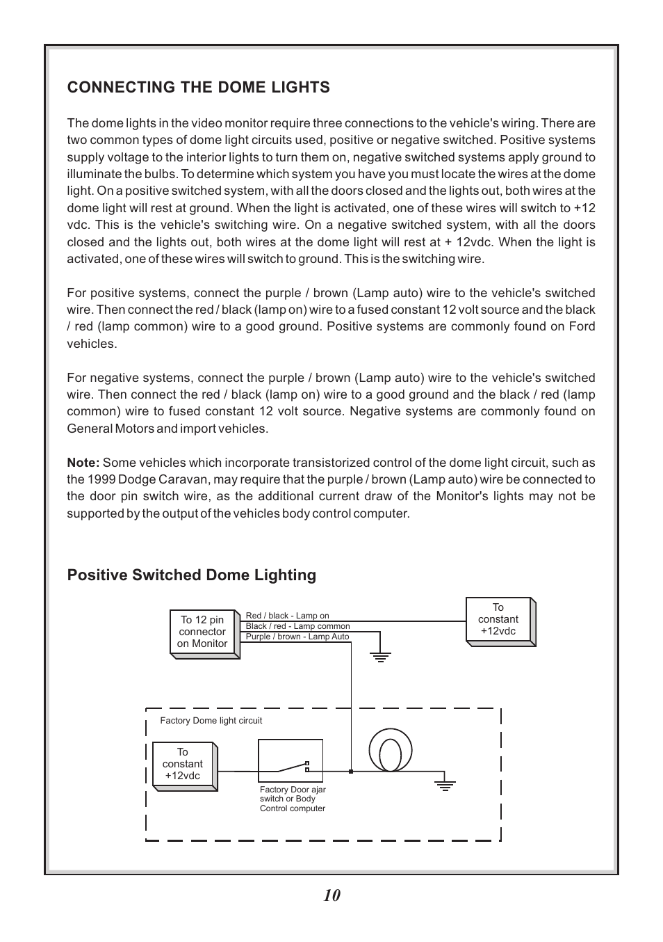 Connecting the dome lights, Positive switched dome lighting | Audiovox VOD86 User Manual | Page 10 / 12