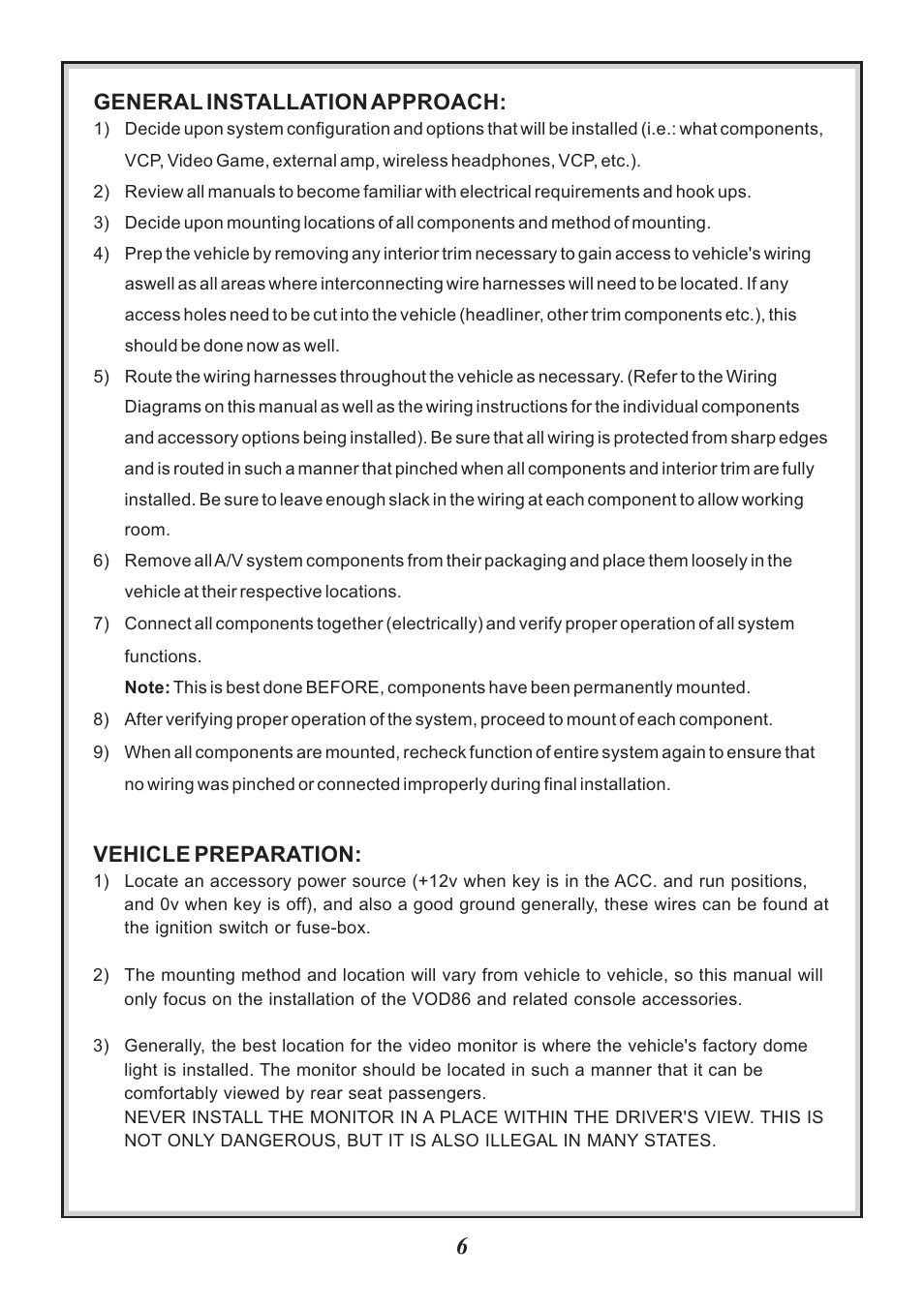 General installation approach, Vehicle preparation | Audiovox VOD86 User Manual | Page 6 / 12