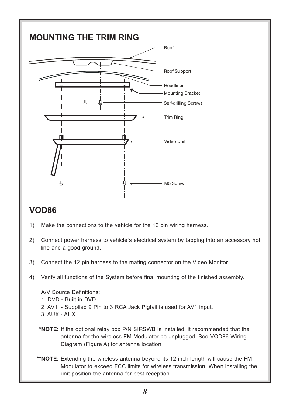 Mounting the trim ring, Vod86 | Audiovox VOD86 User Manual | Page 8 / 12