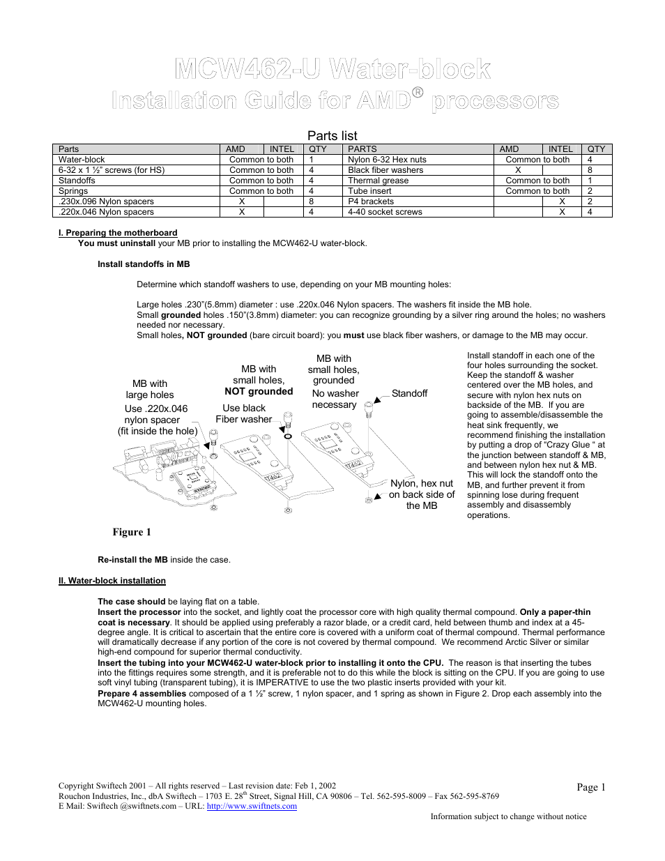 Swiftech MCW462AMD User Manual | 2 pages