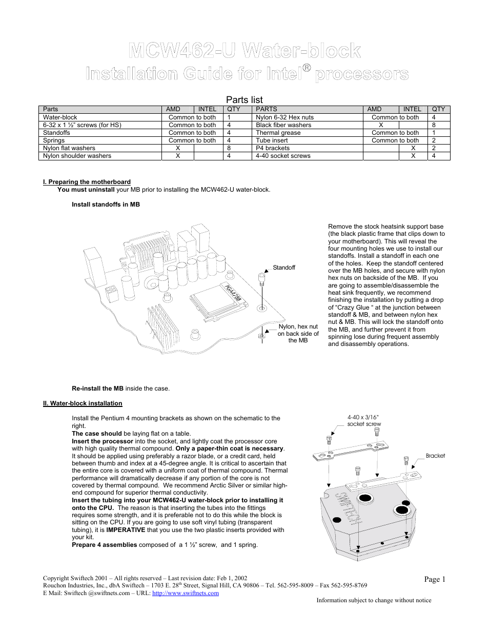 Swiftech MCW462INTEL User Manual | 2 pages