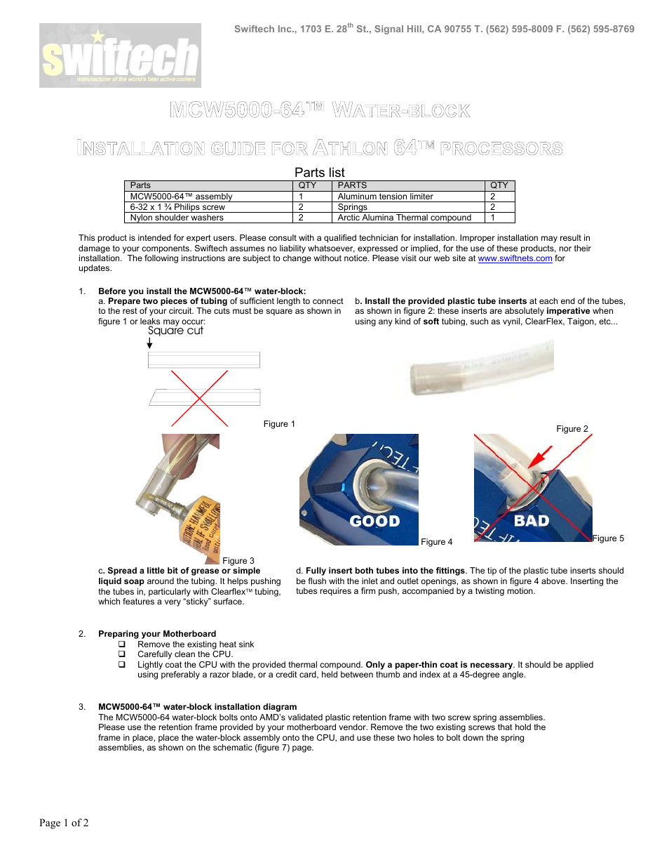 Swiftech MCW5000 64 User Manual | 2 pages