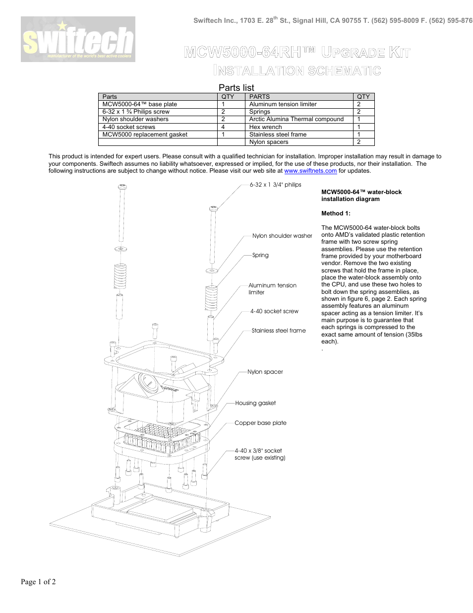 Swiftech MCW5000 64RH User Manual | 2 pages