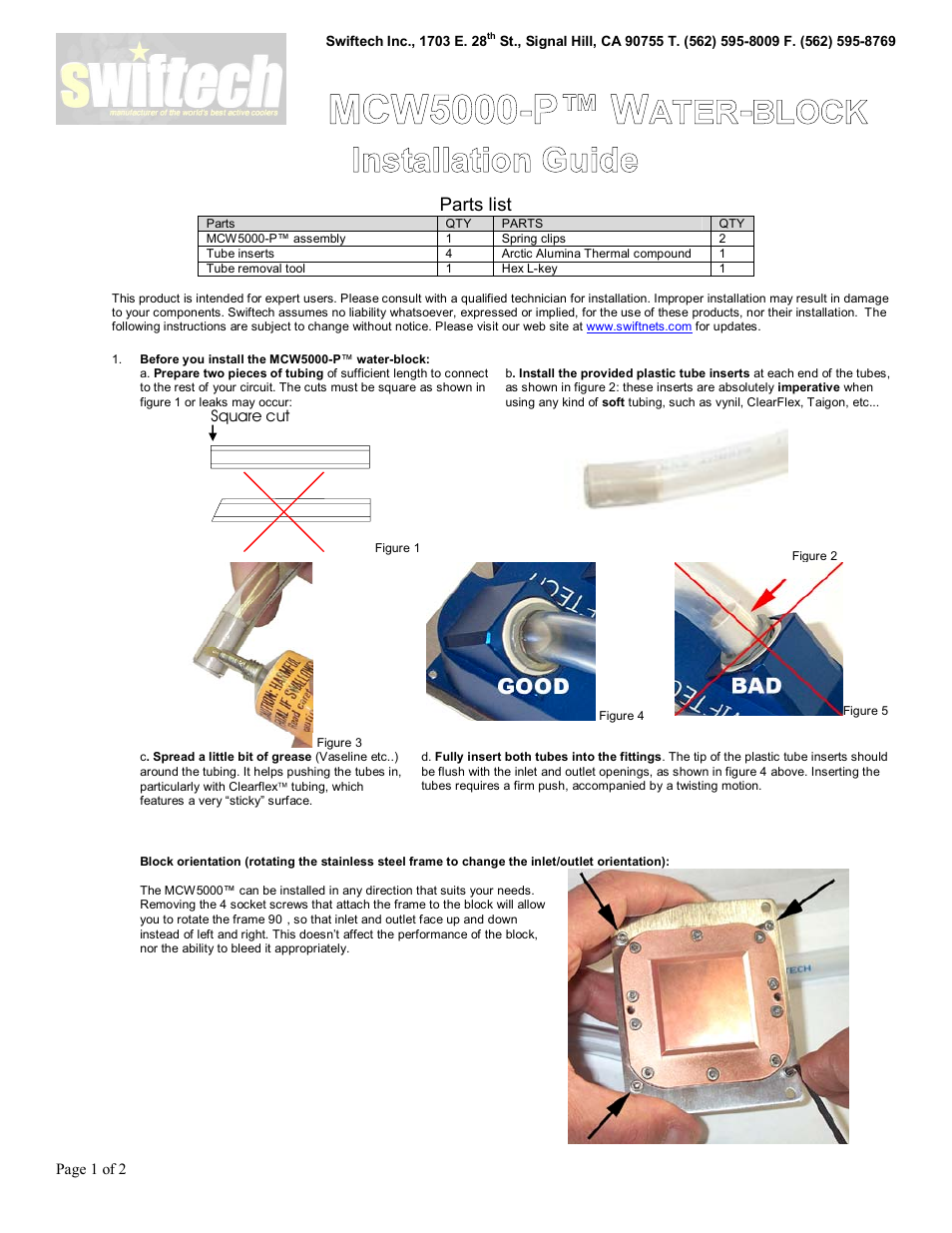 Swiftech MCW5000 P User Manual | 2 pages