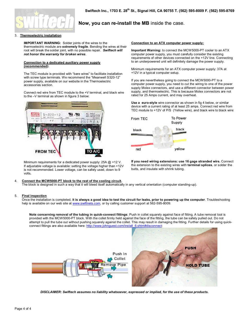 Now, you can re-install the mb inside the case | Swiftech MCW5000 PT User Manual | Page 4 / 4