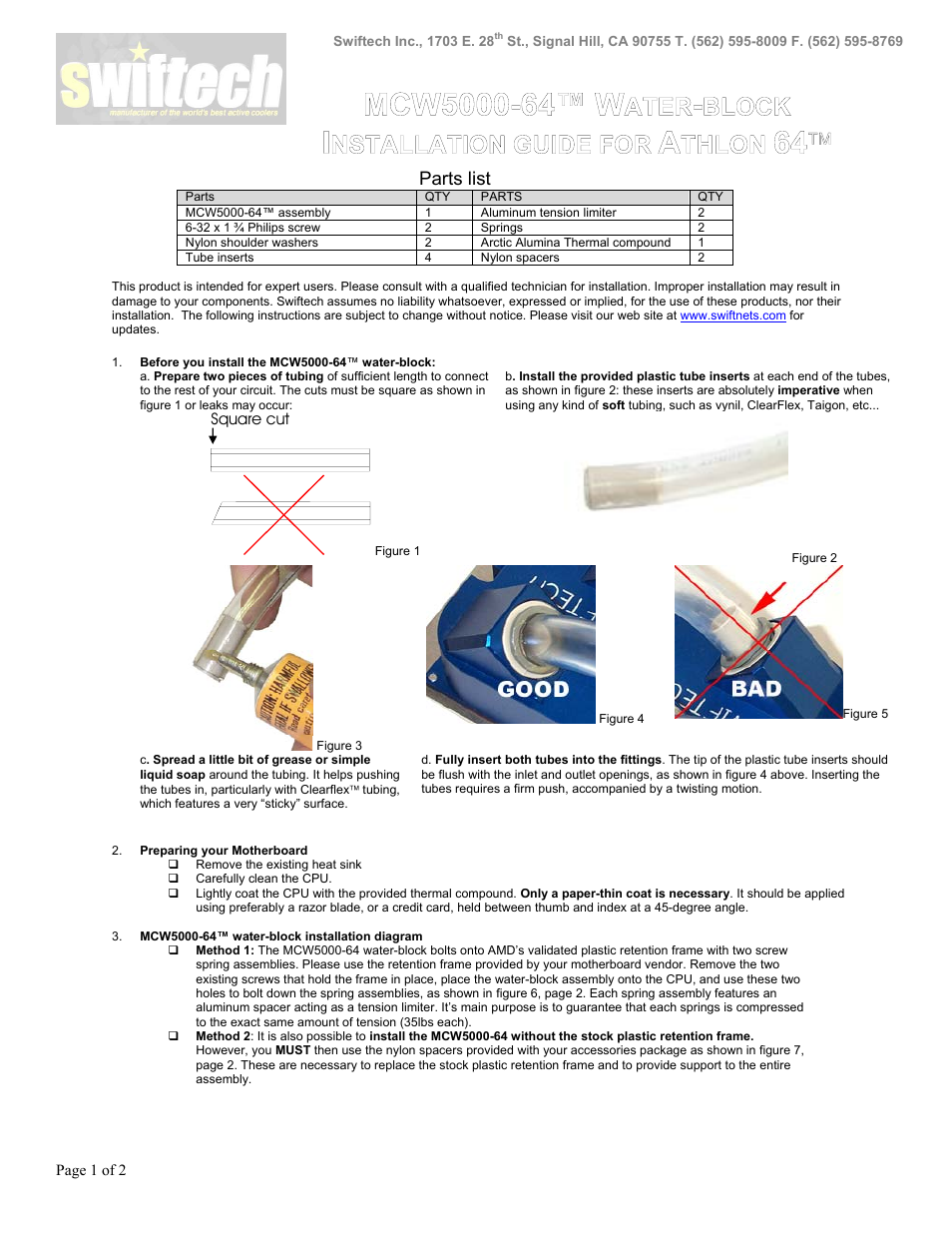 Swiftech MCW5002 64 User Manual | 2 pages