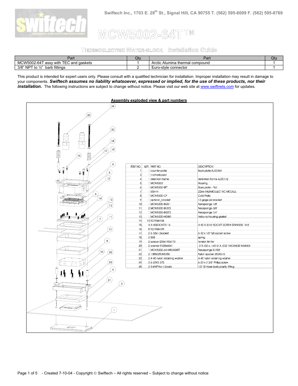 Swiftech MCW5002 64T User Manual | 5 pages