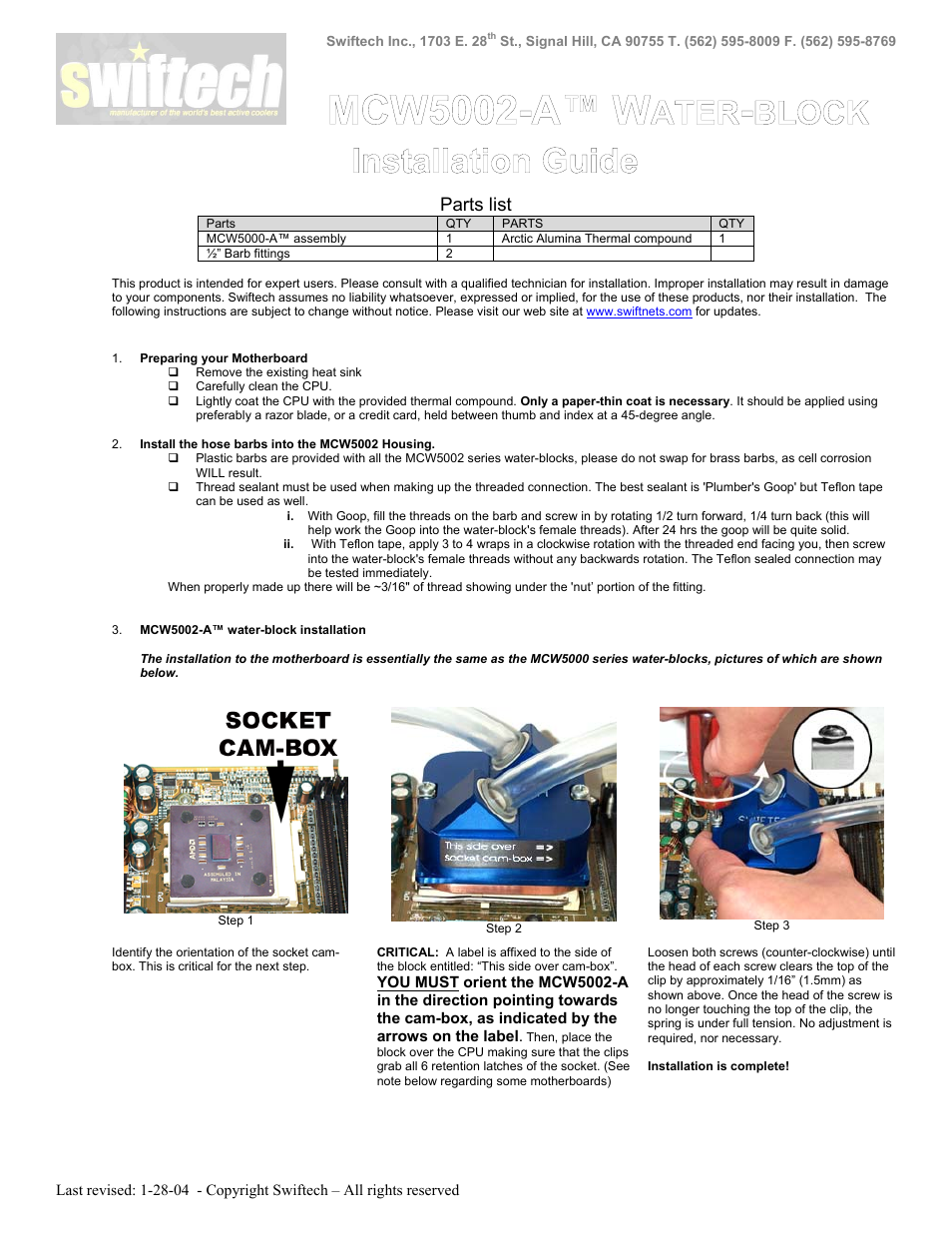 Swiftech MCW5002 A User Manual | 2 pages