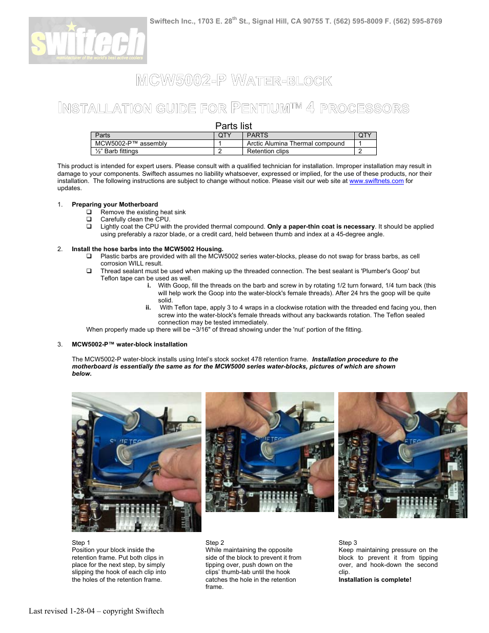 Swiftech MCW5002 P User Manual | 2 pages