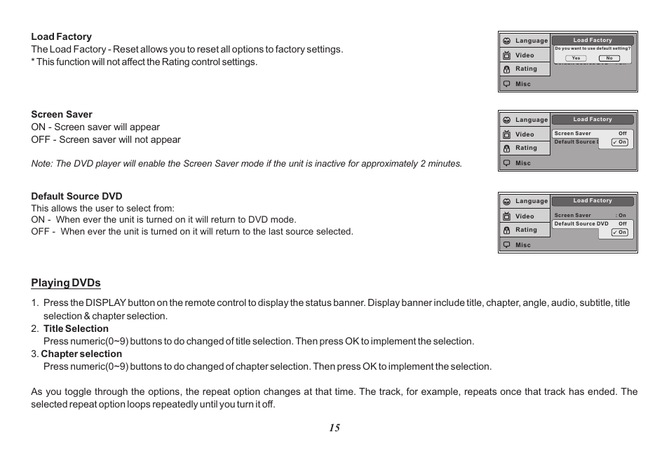 Playing dvds, Default source dvd | Audiovox Mobile Video 128-8342 User Manual | Page 15 / 26